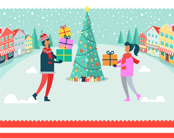 Hombre y mujer dándose regalos en Navidad  Ilustración