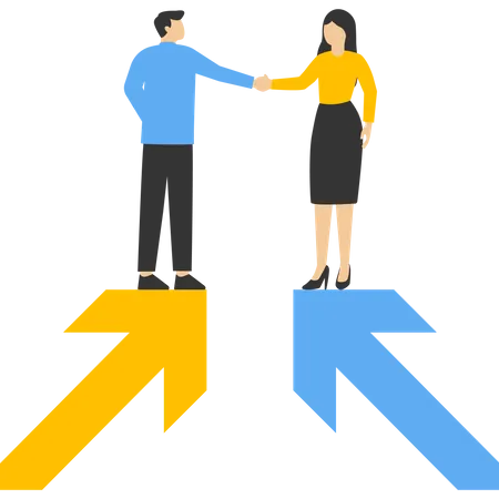 Un hombre y una mujer de negocios se dan la mano en la flecha de crecimiento y se unen a la conexión y acuerdan trabajar juntos  Ilustración