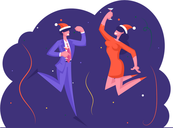Hombre y mujer de negocios bailando en la fiesta de Navidad  Ilustración