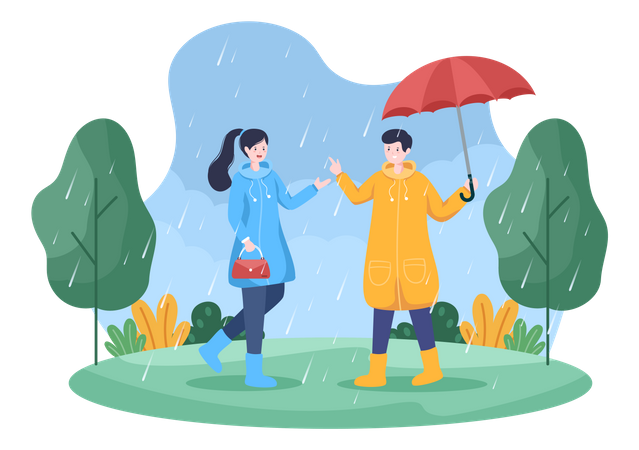 Hombre y mujer de pie bajo la lluvia  Ilustración