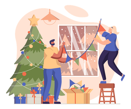 Hombre y mujer decorando casa en Navidad  Ilustración