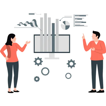 Hombre y mujer discutiendo gráfico de crecimiento empresarial  Ilustración