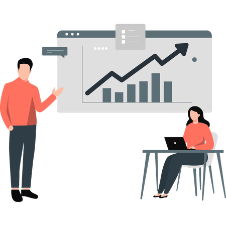 Hombre y mujer discutiendo gráfico de crecimiento empresarial  Ilustración