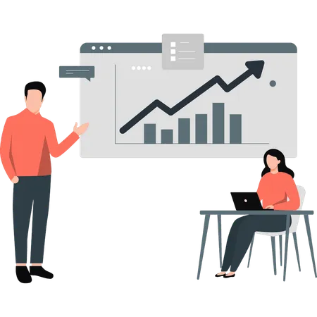 Hombre y mujer discutiendo gráfico de crecimiento empresarial  Ilustración