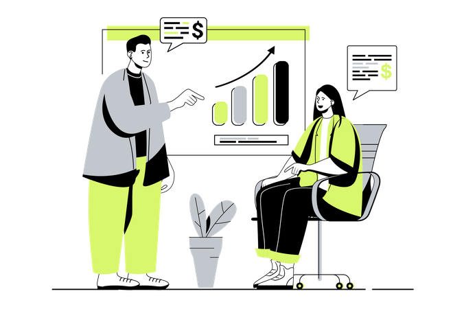 Hombre y mujer discutiendo tareas laborales e informe financiero con presentación  Ilustración
