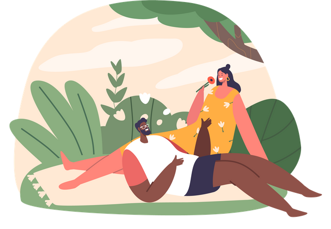 Hombre y mujer disfrutan de un fin de semana sereno en el parque  Ilustración