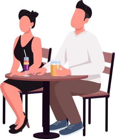 Hombre y mujer disfrutando de bebidas en la primera cita.  Ilustración