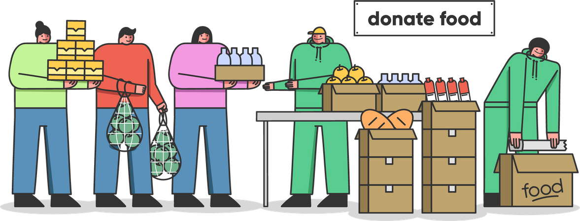Hombres y mujeres donando alimentos a una organización benéfica  Ilustración