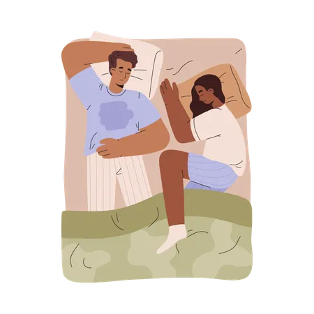 Hombre y mujer durmiendo juntos en la cama  Ilustración