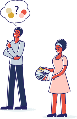 Hombre y mujer eligiendo el color para el diseño del hogar o imprimiendo desde un libro de muestras con muestras  Ilustración