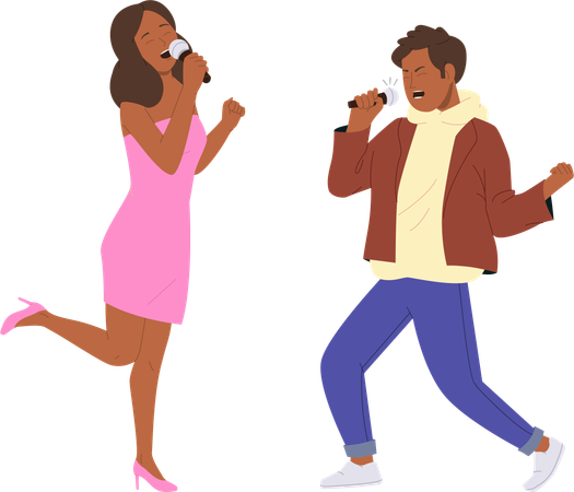Hombre y mujer expresivos y emocionales cantando en el micrófono actuando en un show de talentos  Ilustración