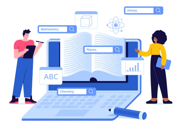 Hombre y mujer en diferentes lecciones de aprendizaje de matemáticas con una computadora portátil  Ilustración