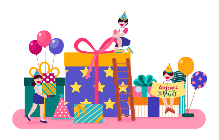 Hombre y mujer en fiesta de cumpleaños.  Ilustración