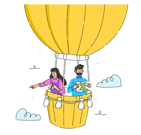 Hombre y mujer en globo aerostático  Ilustración