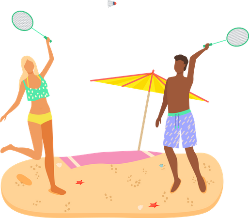 Hombre y mujer en trajes de baño jugando al bádminton en la playa  Ilustración