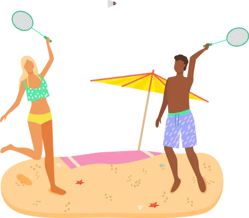 Hombre y mujer en trajes de baño jugando al bádminton en la playa  Ilustración