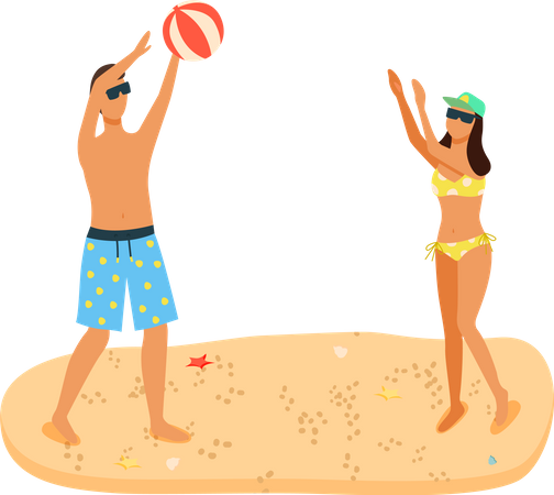 Hombre y mujer en trajes de baño jugando pelota inflable  Ilustración