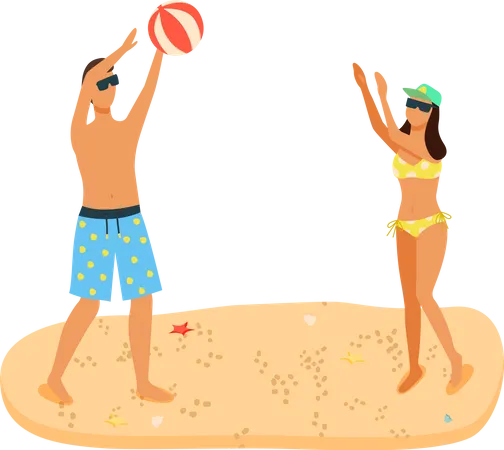 Hombre y mujer en trajes de baño jugando pelota inflable  Ilustración