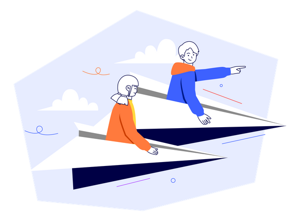 Hombre y mujer en un avión de papel hacia el futuro  Ilustración