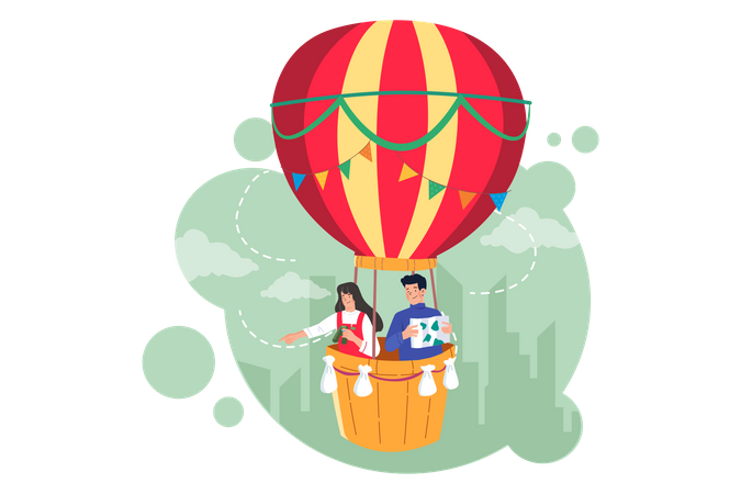 Hombre y mujer en un globo aerostático  Ilustración