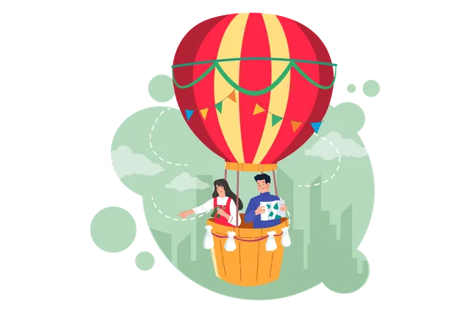 Hombre y mujer en un globo aerostático  Ilustración