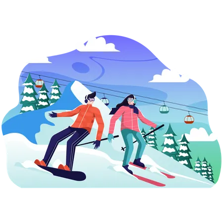 Hombre y mujer esquiando en la nieve.  Ilustración