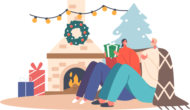 Hombre y mujer felices con suéteres cálidos y acogedores y cuadros sentados en una habitación con chimenea intercambian regalos para Navidad  Ilustración