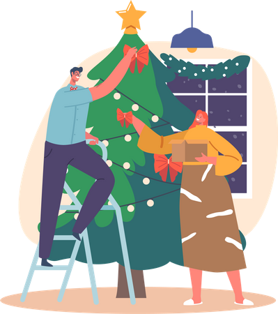 Hombre y mujer felices decorando el árbol de Navidad  Ilustración