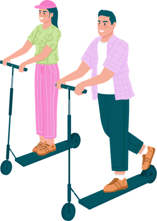 Hombre y mujer felices montando scooters eléctricos  Ilustración