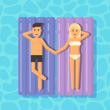 Hombre y mujer flotando sobre colchones en una piscina tomados de la mano  Ilustración