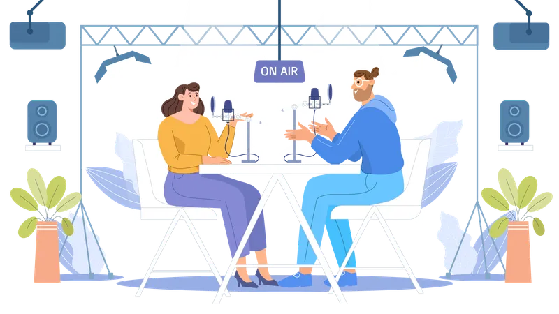 Hombre y mujer grabando podcast de audio  Ilustración