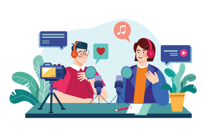 Hombre y mujer grabando una conversación de podcast  Ilustración