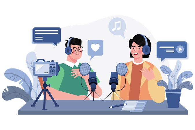 Hombre y mujer grabando una conversación de podcast  Ilustración