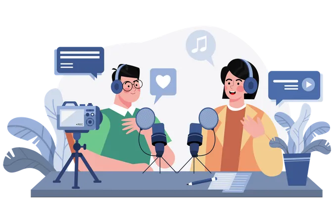 Hombre y mujer grabando una conversación de podcast  Ilustración