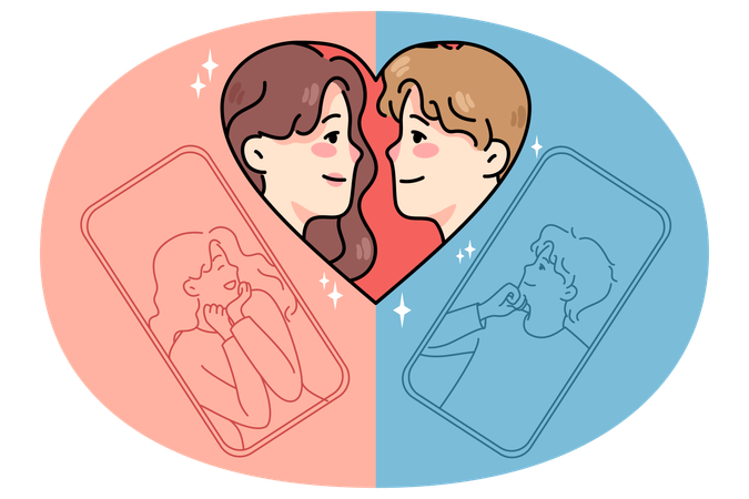 Hombre y mujer hablan de citas online en la aplicación  Ilustración