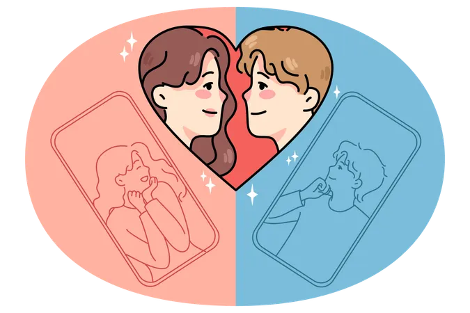Hombre y mujer hablan de citas online en la aplicación  Ilustración