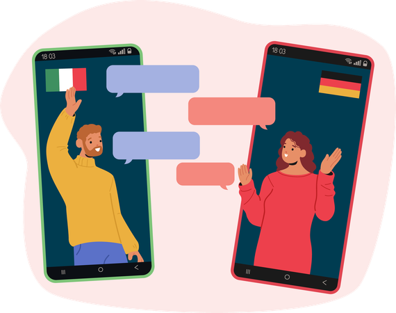 Un hombre y una mujer hablan en línea a través de un chat de video móvil y tienen una barrera lingüística en la comunicación  Ilustración