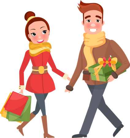 Hombre y mujer hacen compras juntos para Nochebuena  Ilustración