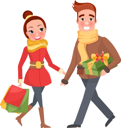 Hombre y mujer hacen compras juntos para Nochebuena  Ilustración