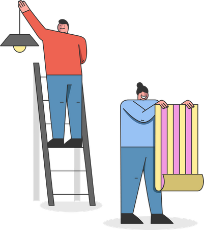 Hombre y mujer hacen una reparación de una casa  Ilustración