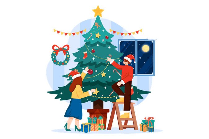 Hombre y mujer haciendo decoración del árbol de Navidad  Ilustración