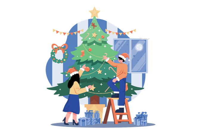 Hombre y mujer haciendo decoración del árbol de Navidad  Ilustración
