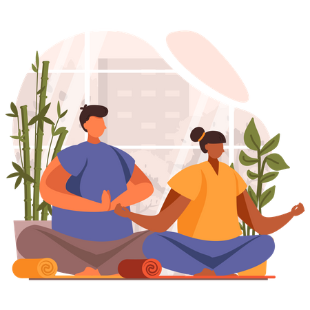 Hombre y mujer haciendo yoga  Ilustración