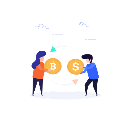 Hombre y mujer intercambiando bitcoins y monedas de un dólar.  Ilustración
