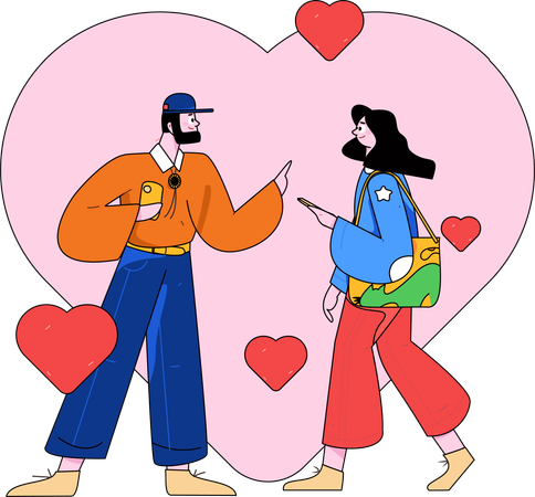 Hombre joven y mujer celebrando el día de San Valentín.  Ilustración