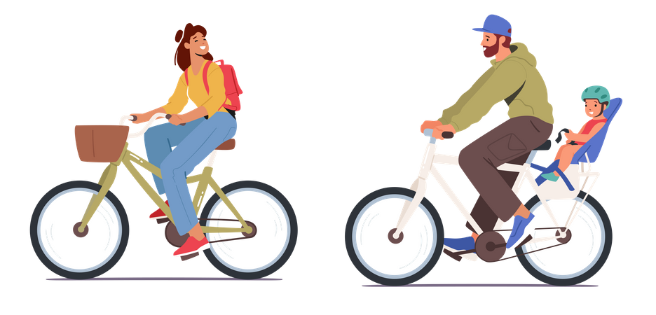 Hombre joven y mujer con bebé andando en bicicleta  Ilustración