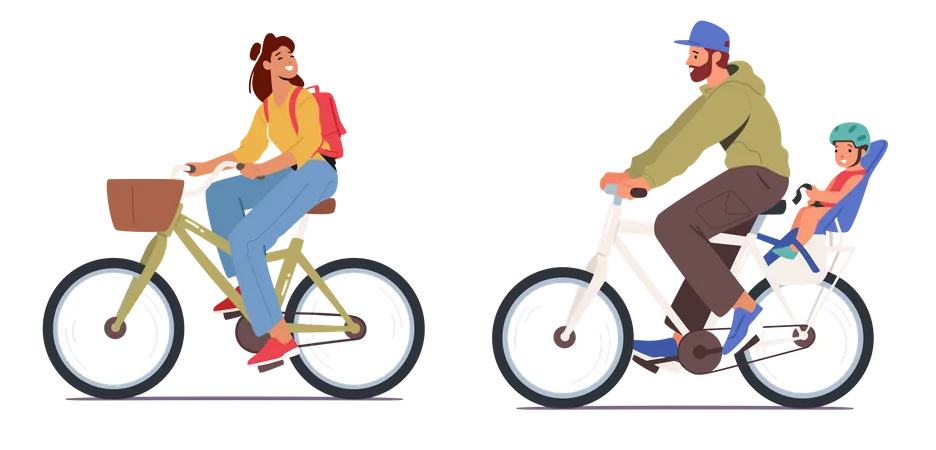 Hombre joven y mujer con bebé andando en bicicleta  Ilustración