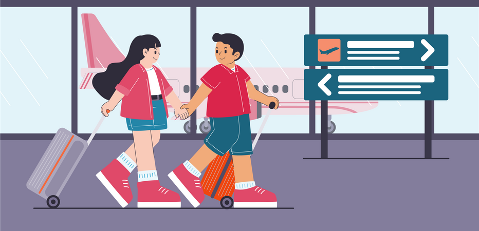 Hombre y mujer joven con mochila en el aeropuerto  Ilustración