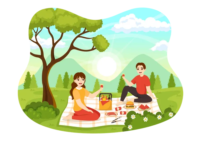 Hombre y mujer jóvenes disfrutando de la comida al aire libre  Ilustración