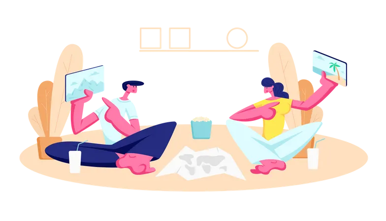 Hombre joven y mujer sentada en el suelo en casa  Ilustración